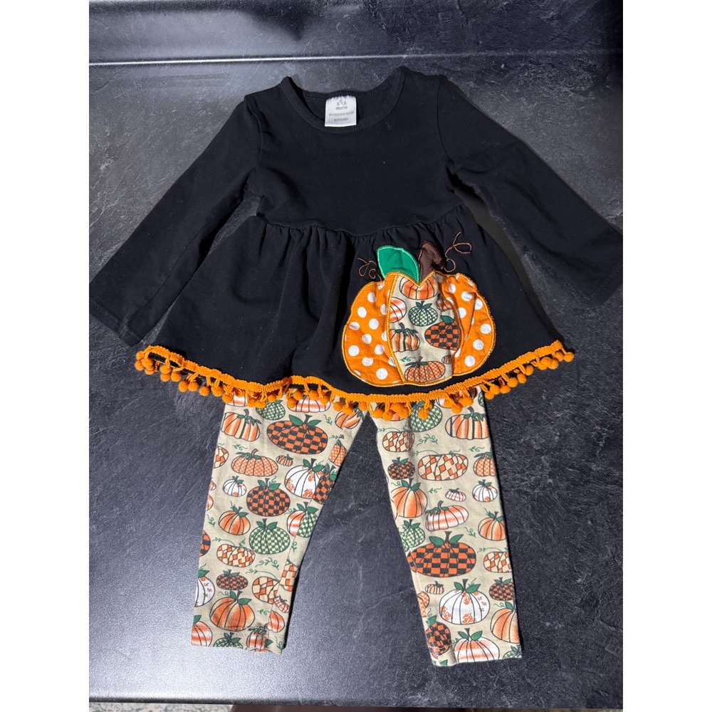 Kids XXS Black Pumpkin Applique Pom Pom Tunic and Leggings Set Fall Halloween